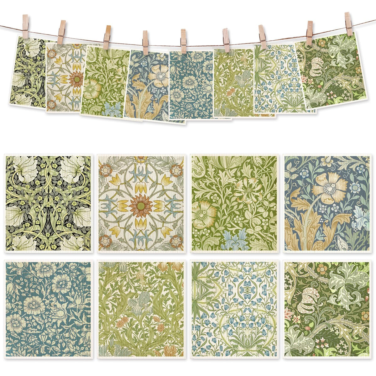 Swedish dishcloths with blue-green floral pattern for quick drying and elegant kitchen decor.