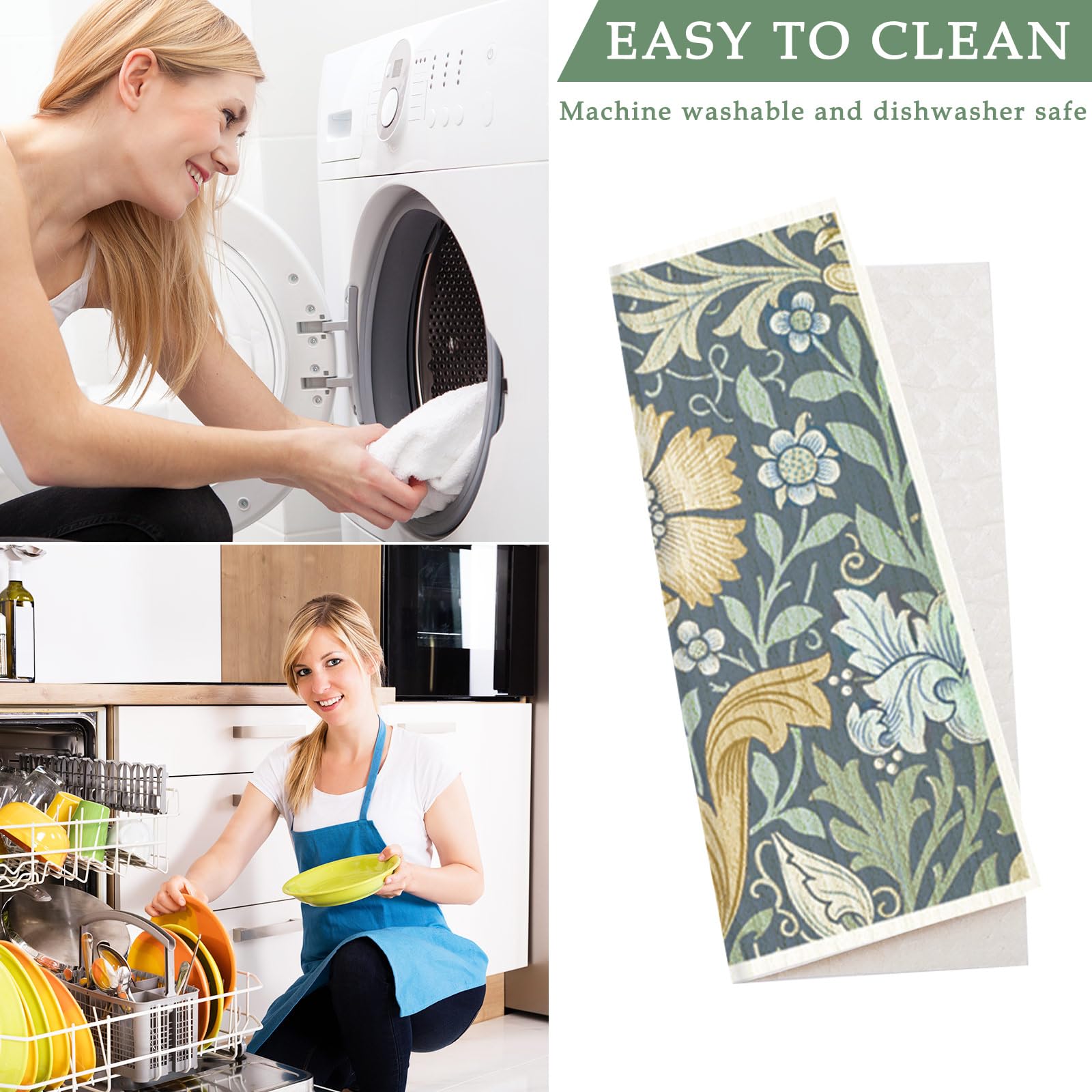 Highly absorbent towels dry hands and dishes quickly after cooking or dishwashing.
