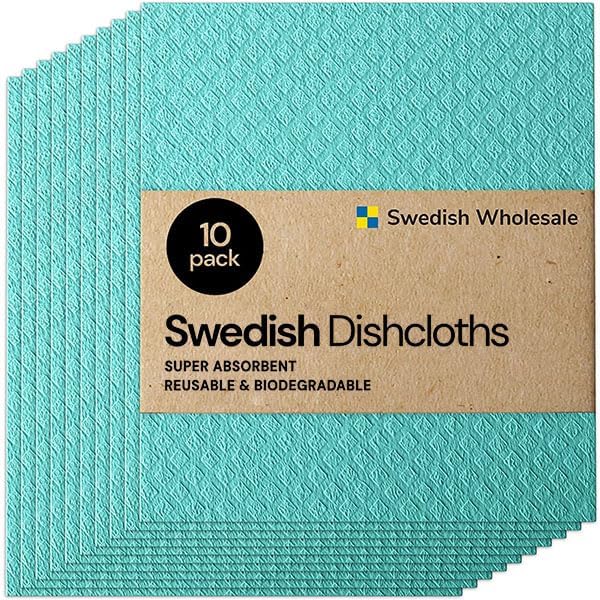 Swedish Wholesale seafoam dishcloths bulk pack on counter for everyday kitchen cleanup.