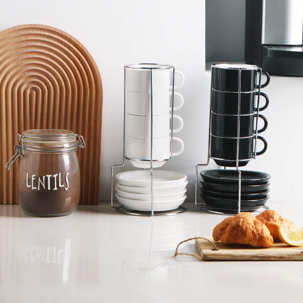 Sweejar white porcelain cups on a kitchen counter ready for service.