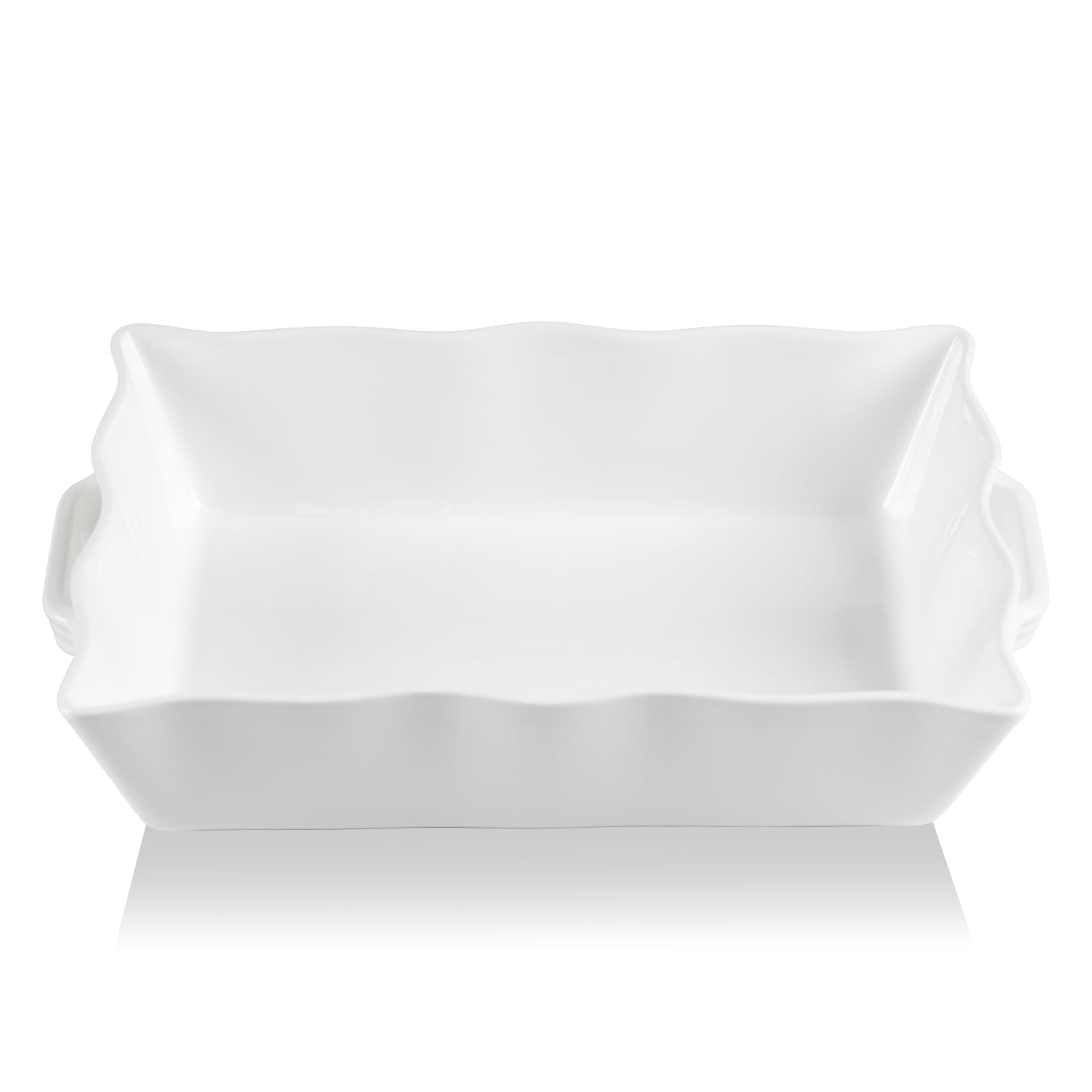 Sweejar ceramic 9x13 baking pan with wave edge for easy transport and serving.