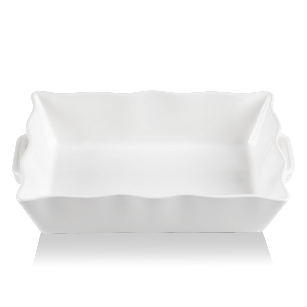 Sweejar ceramic 9x13 baking pan with wave edge for easy transport and serving.