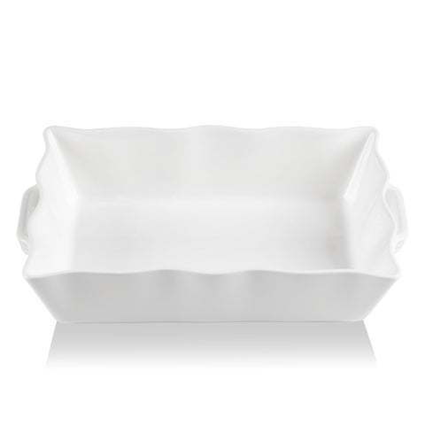 Sweejar ceramic 9x13 baking pan with wave edge for easy transport and serving.