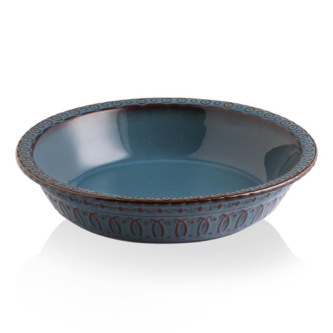 Sweejar 10-inch blue ceramic pie pan shows even heating for desserts.