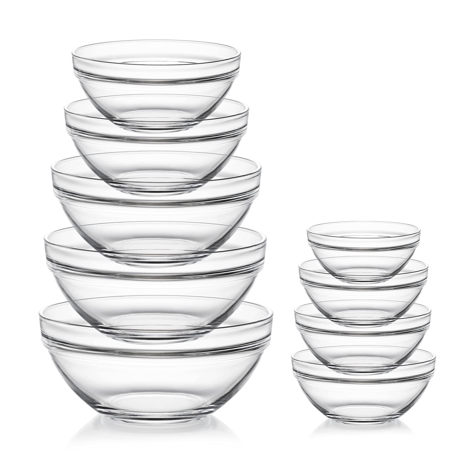 Sweejar glass mixing bowls set with 9-piece nesting for space-saving storage.