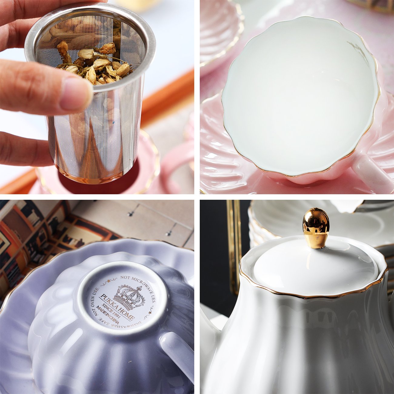 Sweejar gold-trim glazed tea set enhances dining table ambience.