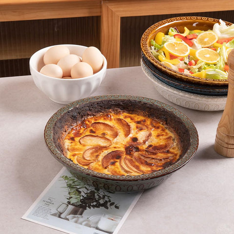 Sweejar pie pan serving dish for casseroles and sides.