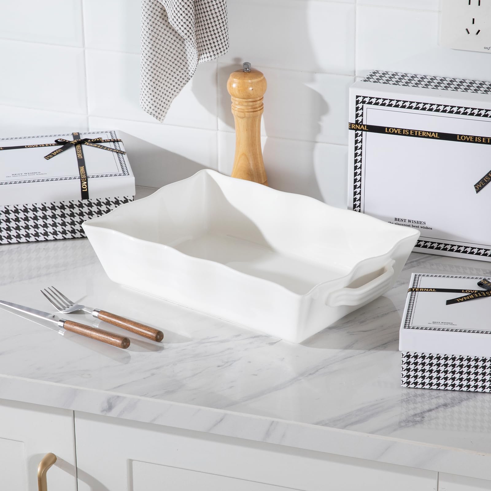 Sweejar porcelain casserole dish ready to serve at the table or for storage.