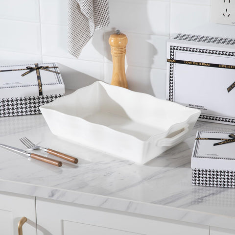 Sweejar porcelain casserole dish ready to serve at the table or for storage.