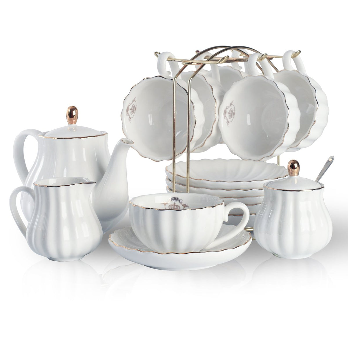 Sweejar porcelain tea set with royal 8oz cups and saucers for elegant hosting.
