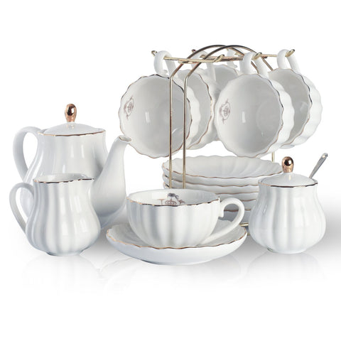 Sweejar porcelain tea set with royal 8oz cups and saucers for elegant hosting.