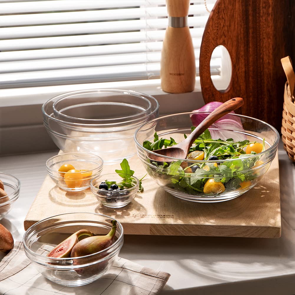 Sweejar stackable glass bowls save cabinet space and keep ingredients organized.