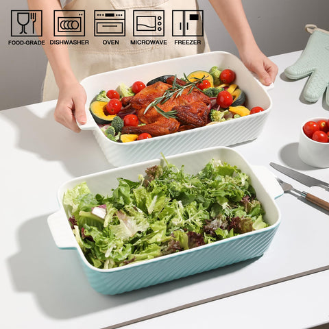 Sweejar stoneware distributes heat evenly for lasagna and brownies.