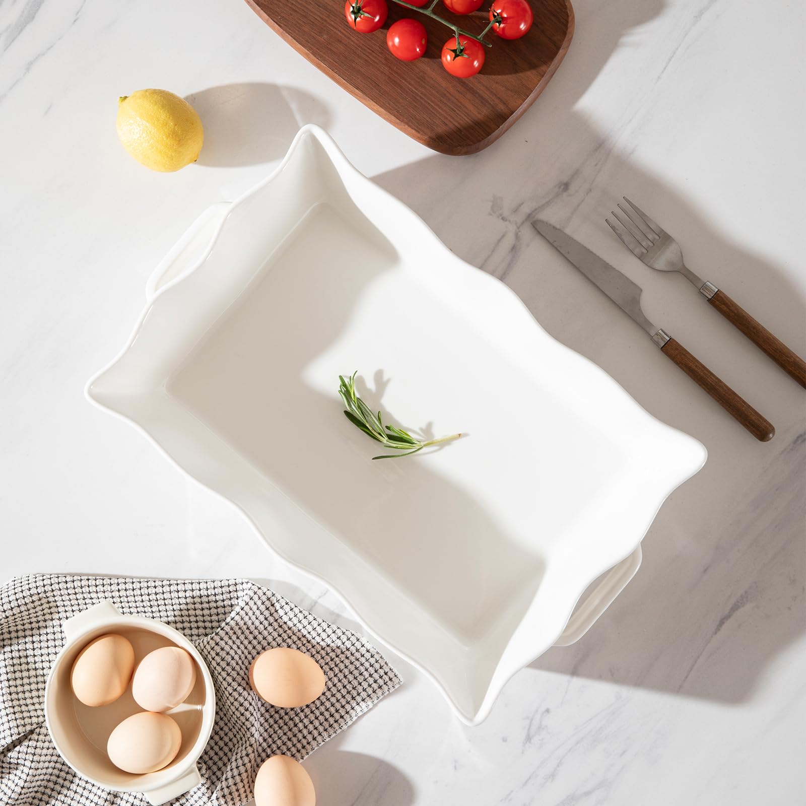 Sweejar wave-edge bakeware in use for roasting vegetables and meats.