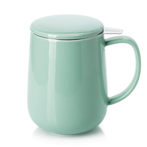 Sweese 20 oz porcelain tea mug with infuser in mint green for easy loose-leaf brewing.