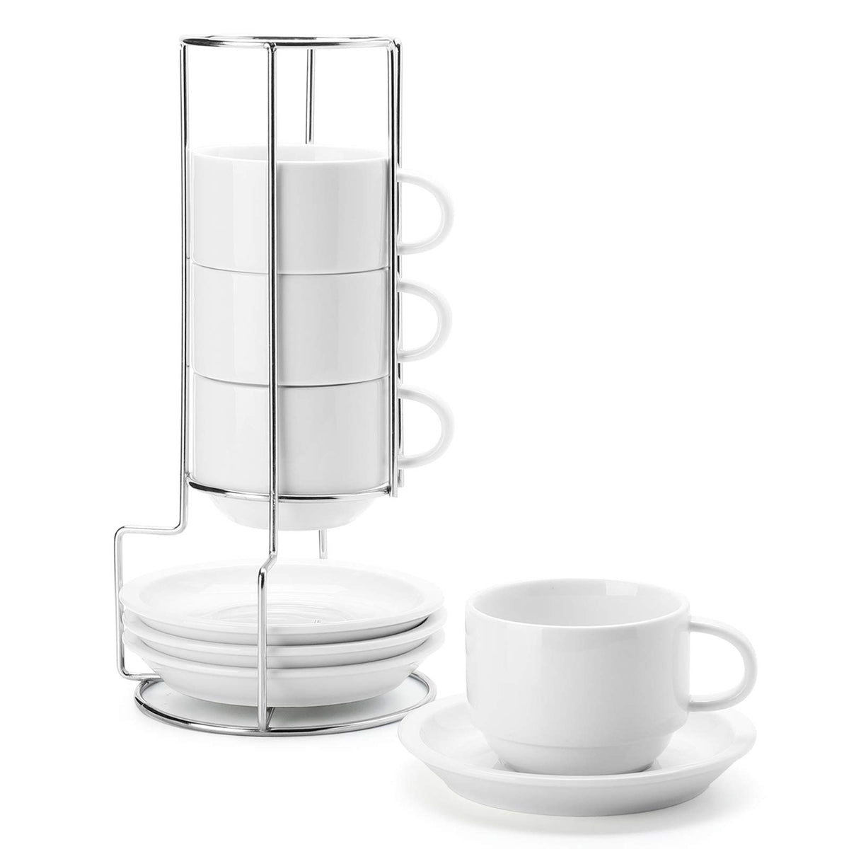 Sweese 8-ounce porcelain cappuccino cups with saucers for cozy mornings.
