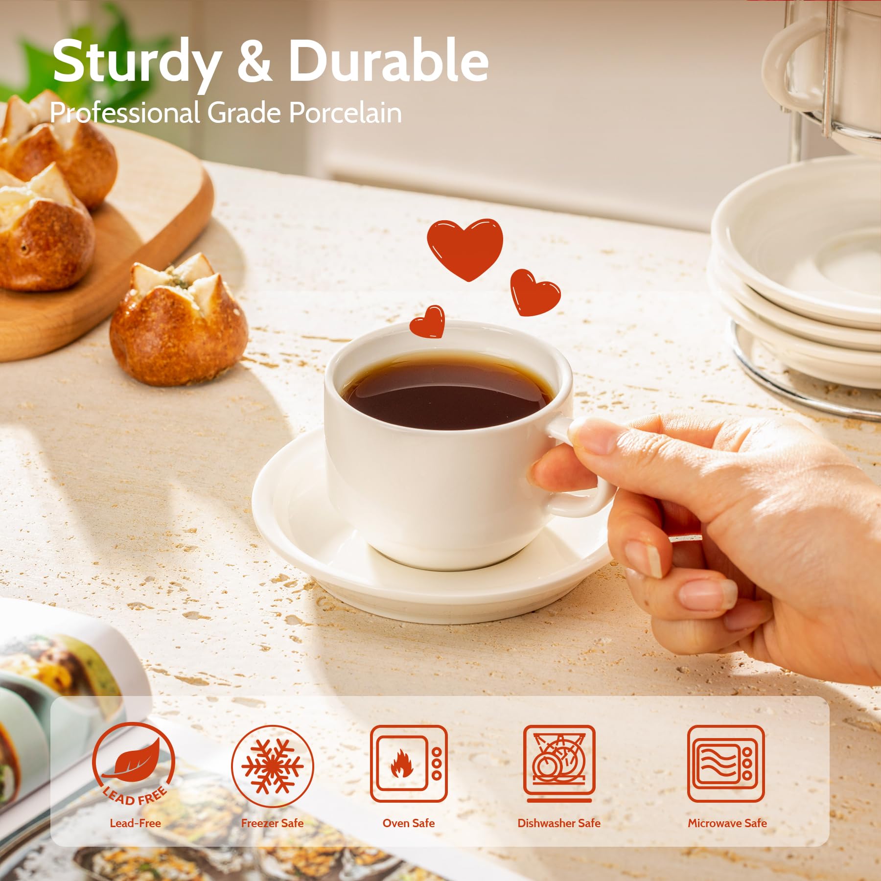 Sweese cappuccino cups with saucers displayed on a metal stand for tidy storage.