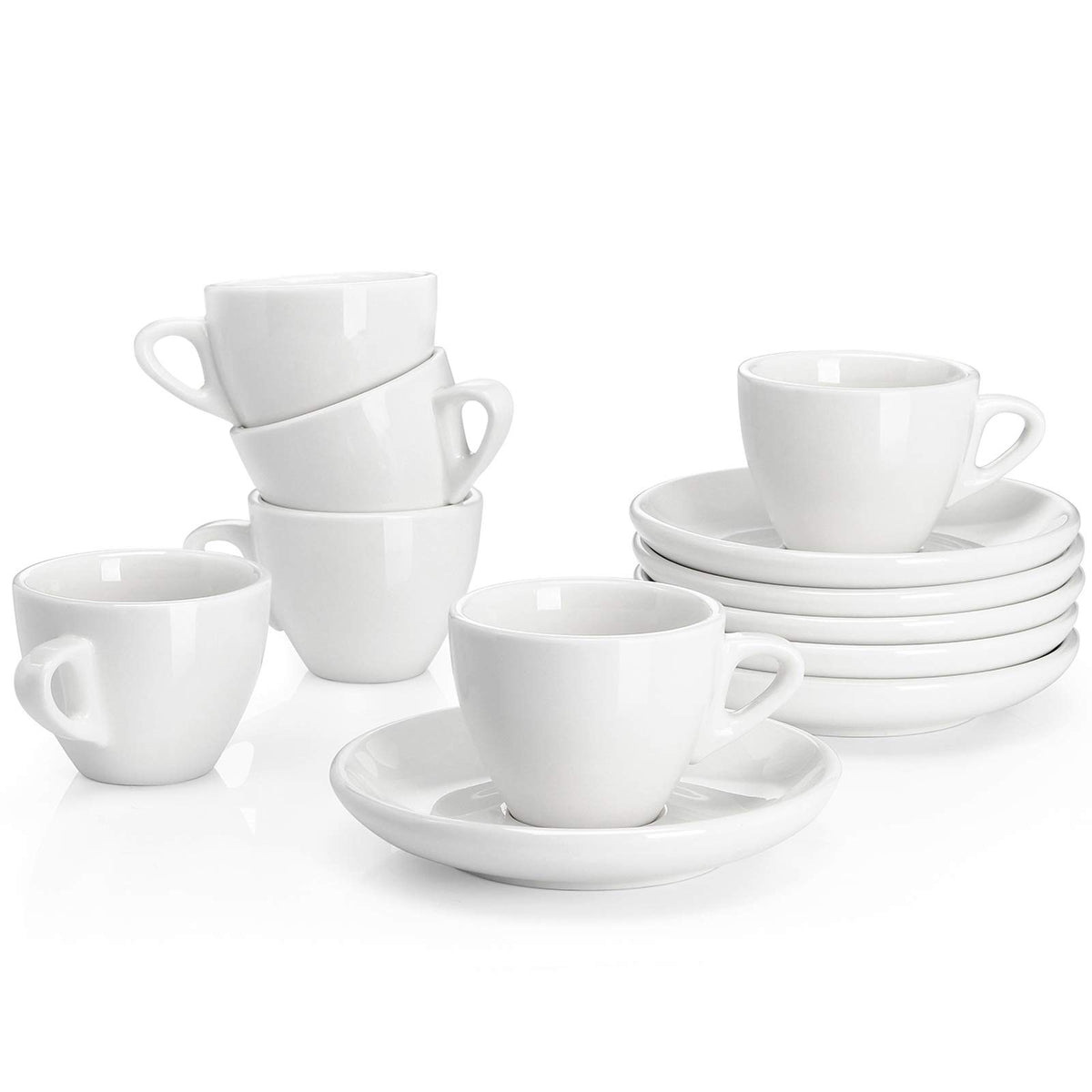 Sweese espresso cups with saucers, white front view, ideal for daily coffee rituals.