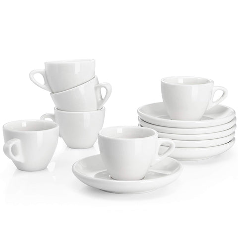 Sweese espresso cups with saucers, white front view, ideal for daily coffee rituals.