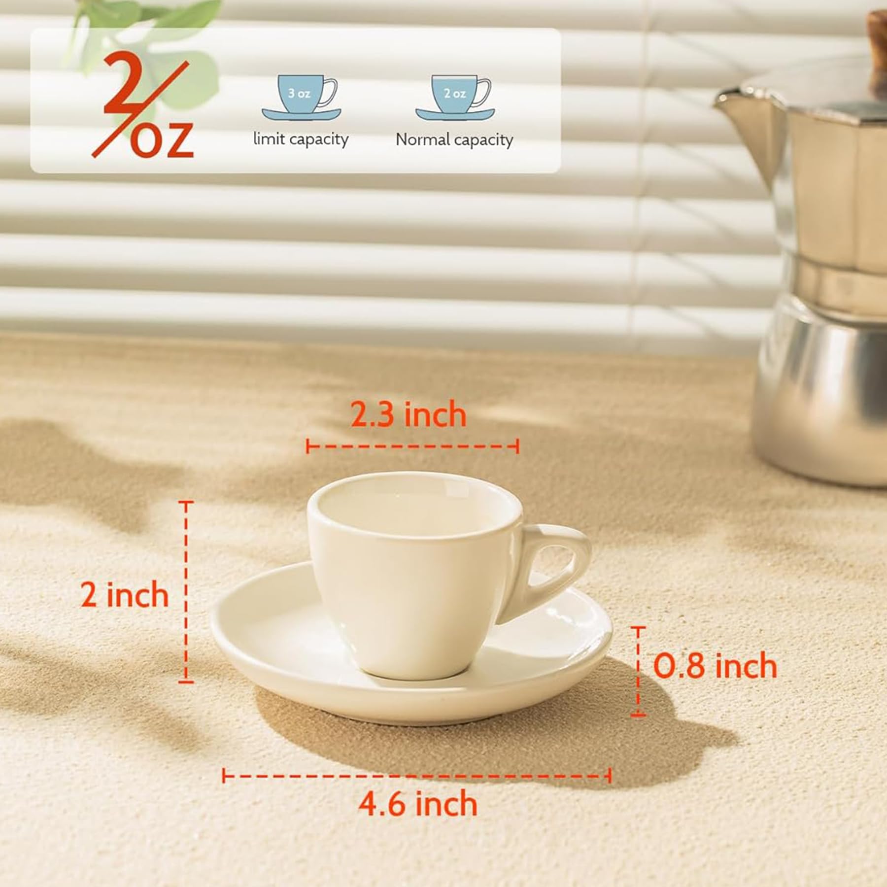 Sweese espresso cups with saucers, side view, pairs well with espresso machines.