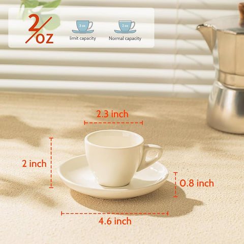 Sweese espresso cups with saucers, side view, pairs well with espresso machines.