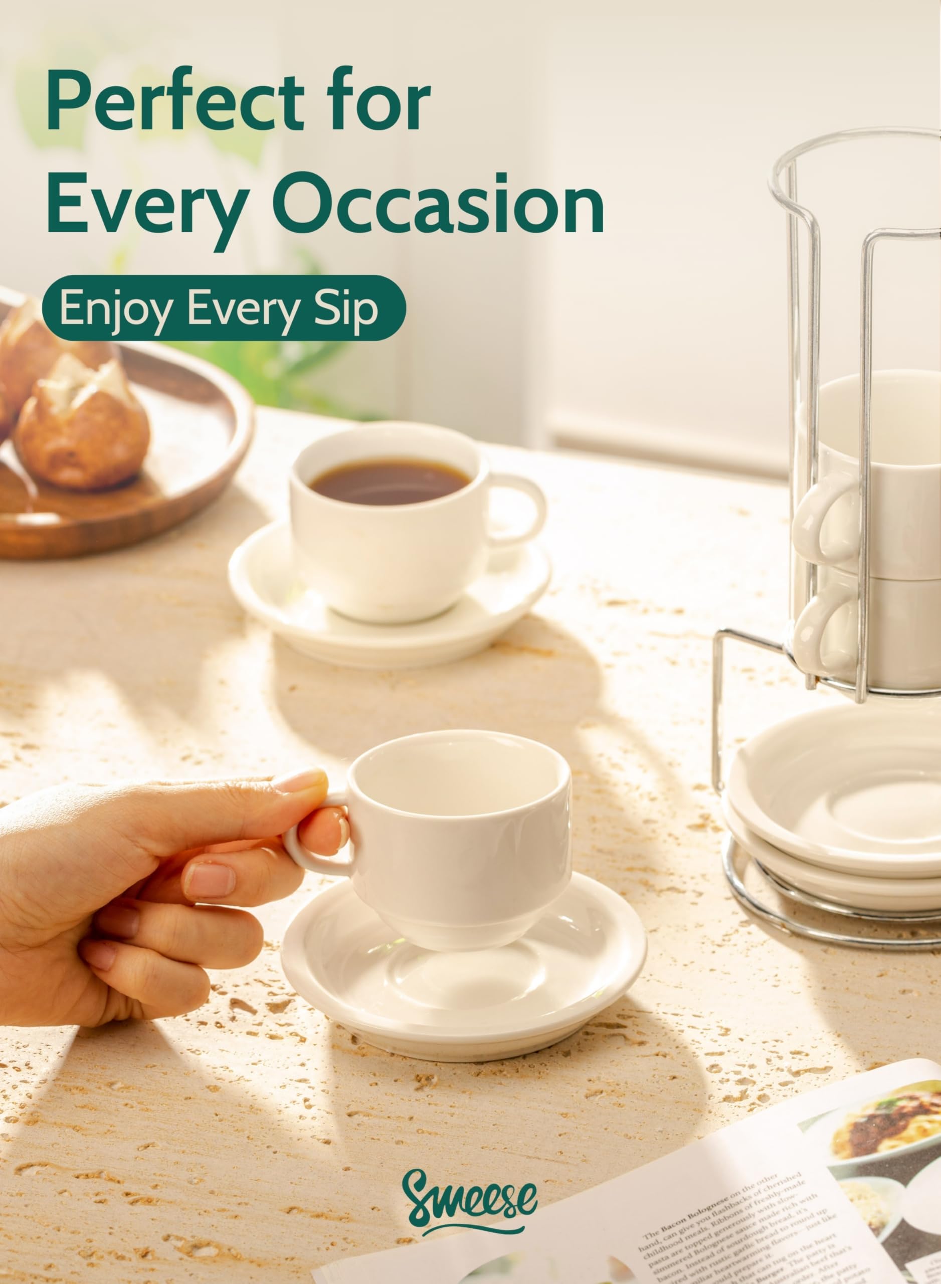 Kitchen scene with Sweese espresso cups conveys cafe-inspired home ritual.