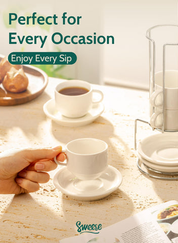 Kitchen scene with Sweese espresso cups conveys cafe-inspired home ritual.