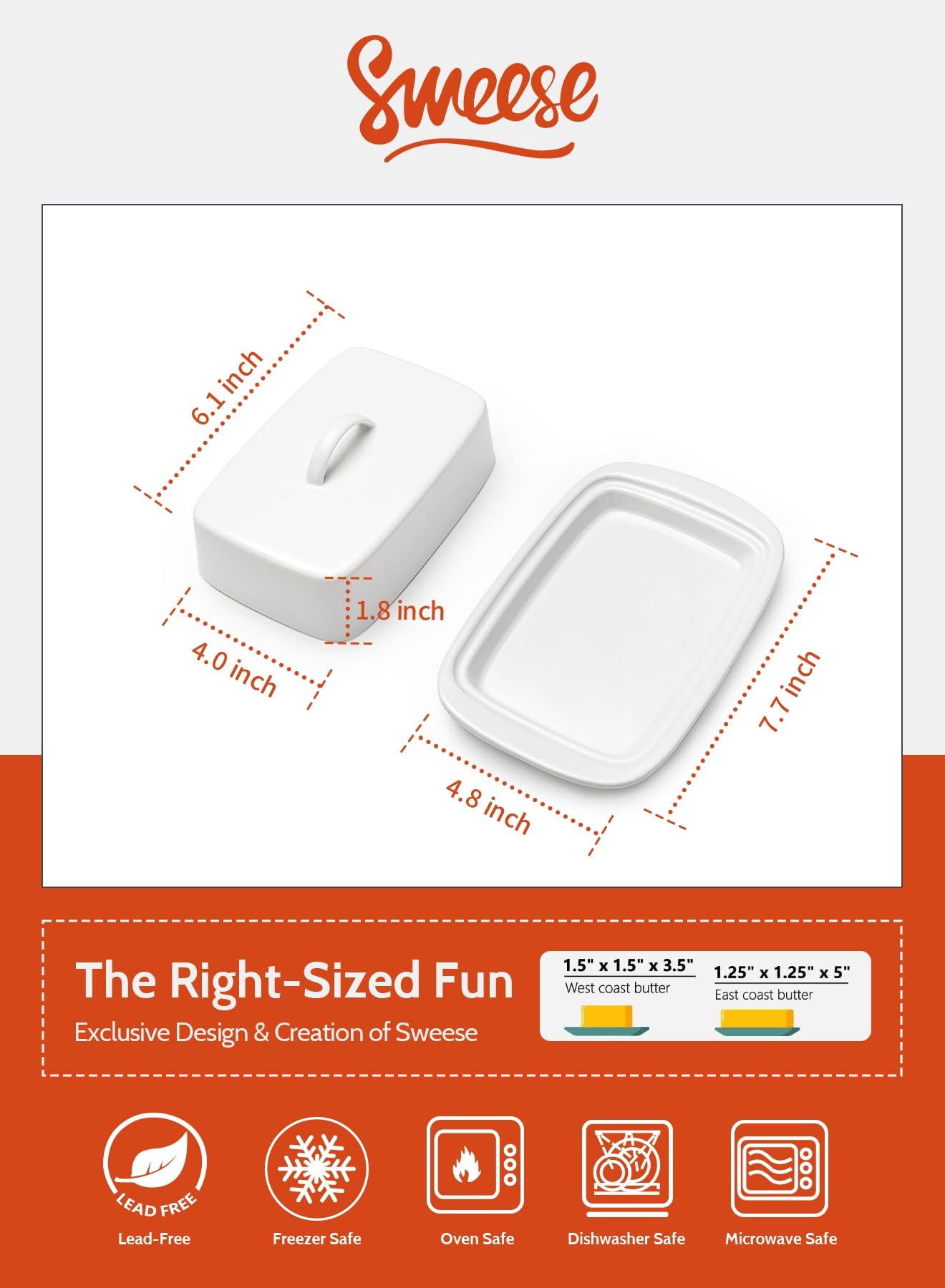 Sweese large butter dish shows two sticks inside for easy portioning
