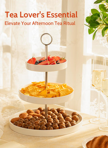 Sweese 3-tier stand with appetizers ready for hors d'oeuvres at gatherings.