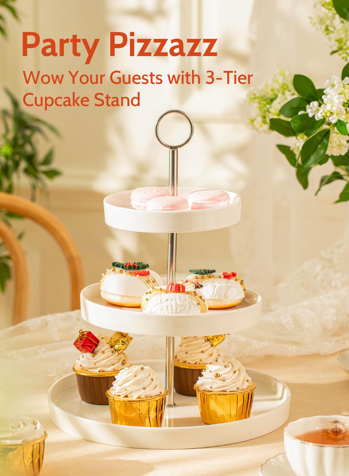 Sweese 3-tier cupcake display featuring cupcakes for party-ready sweets.