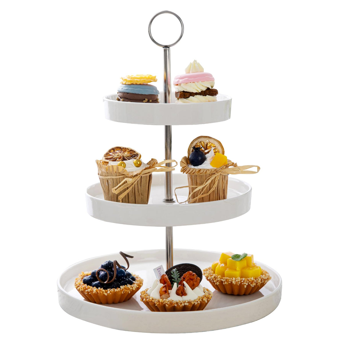 Sweese porcelain 3-tier stand on table for elegant dessert display.