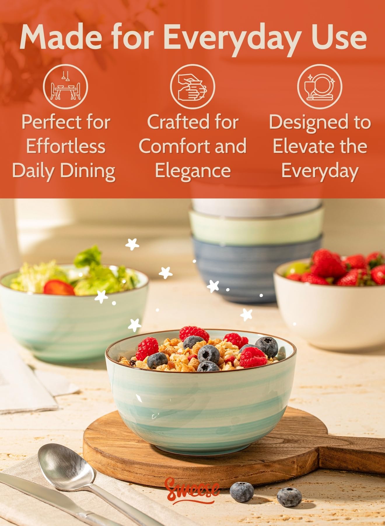 Sweese porcelain bowls microwave and oven safe for reheating and serving.