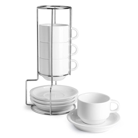 Sweese porcelain espresso cup with saucer and stand on kitchen counter for clutter-free coffee corners