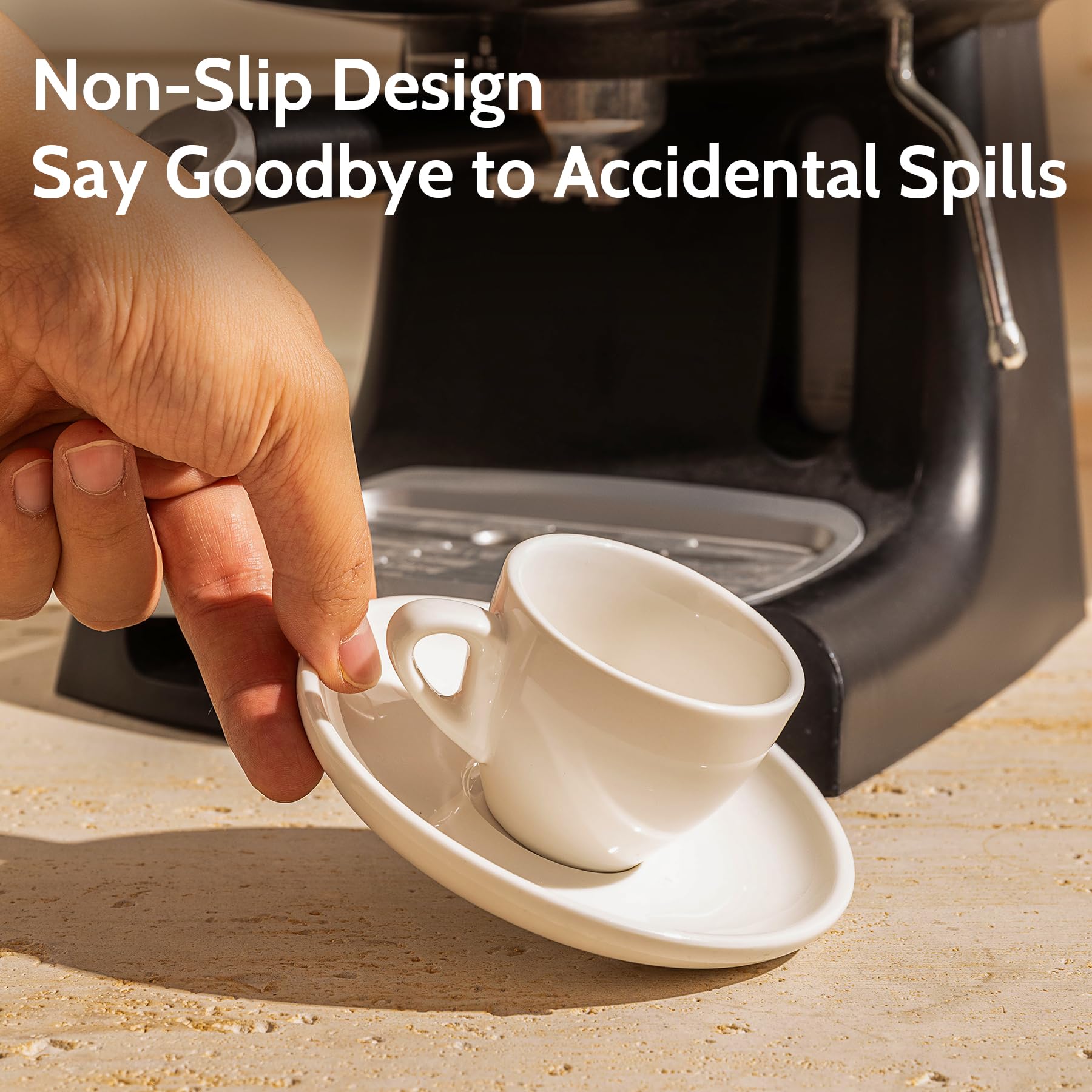 Sweese porcelain espresso cups close-up shows smooth glaze and sturdy build.