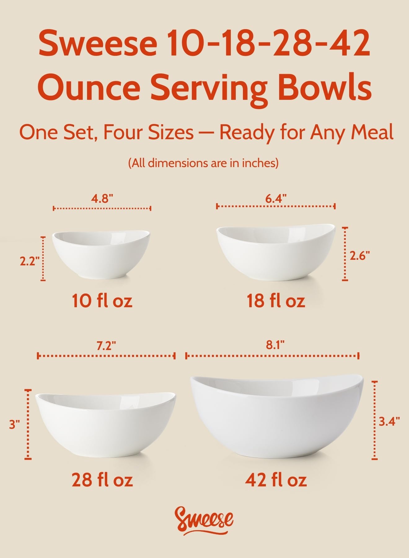 Sweese porcelain serving bowls set 18oz ideal for cereals and oatmeal.