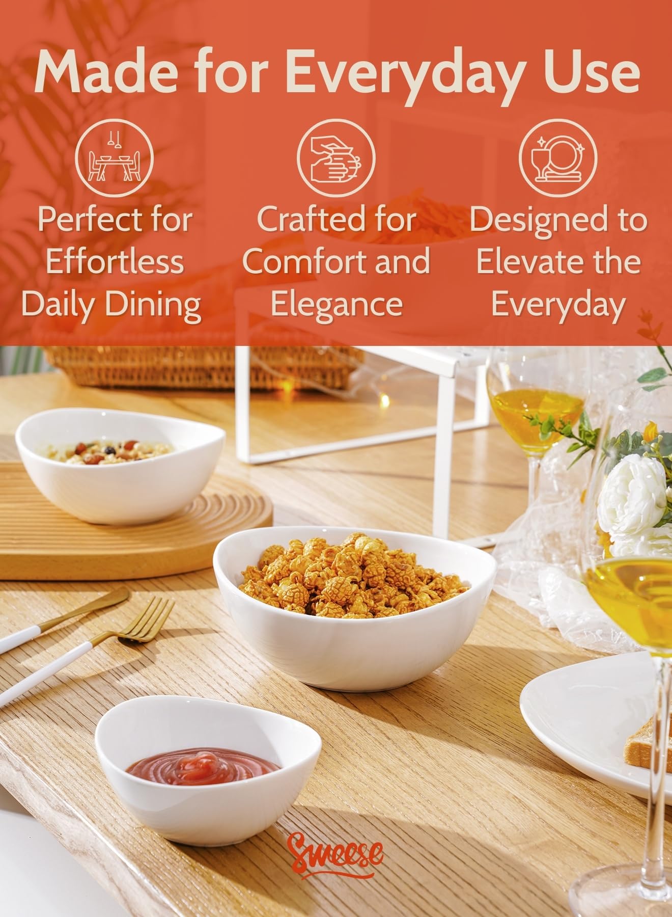 Sweese porcelain serving bowls set 42oz ideal for salads, marinating, and large batches.