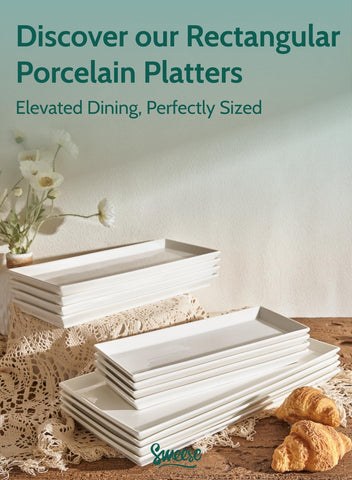 Sweese rectangular platters in a kitchen setting, dishwasher-safe and crisp white