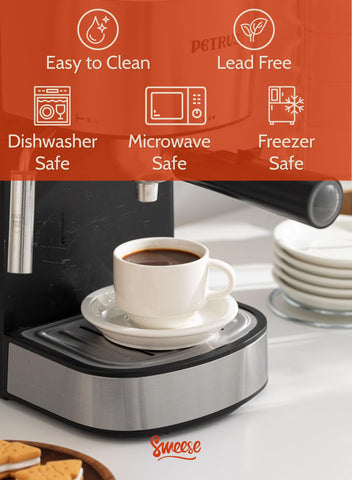 Sweese saucers and cups on a tray illustrate a tidy coffee corner.