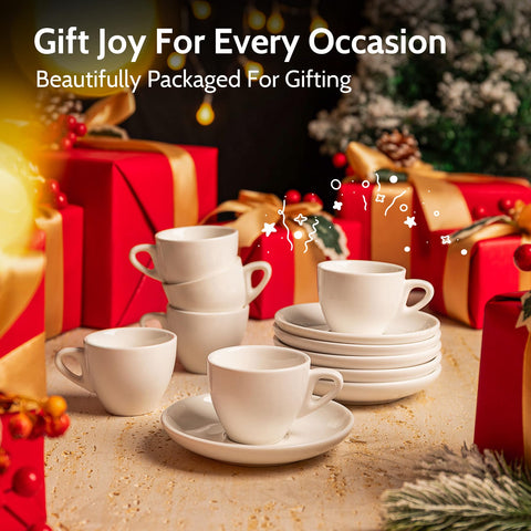 Sweese set of 6 cups with saucers on table for hosting guests.