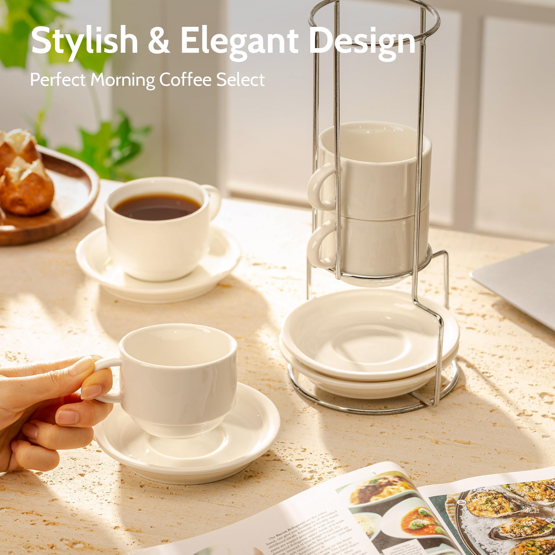 Sweese stackable stand keeps the four-cup set neatly organized on a counter.