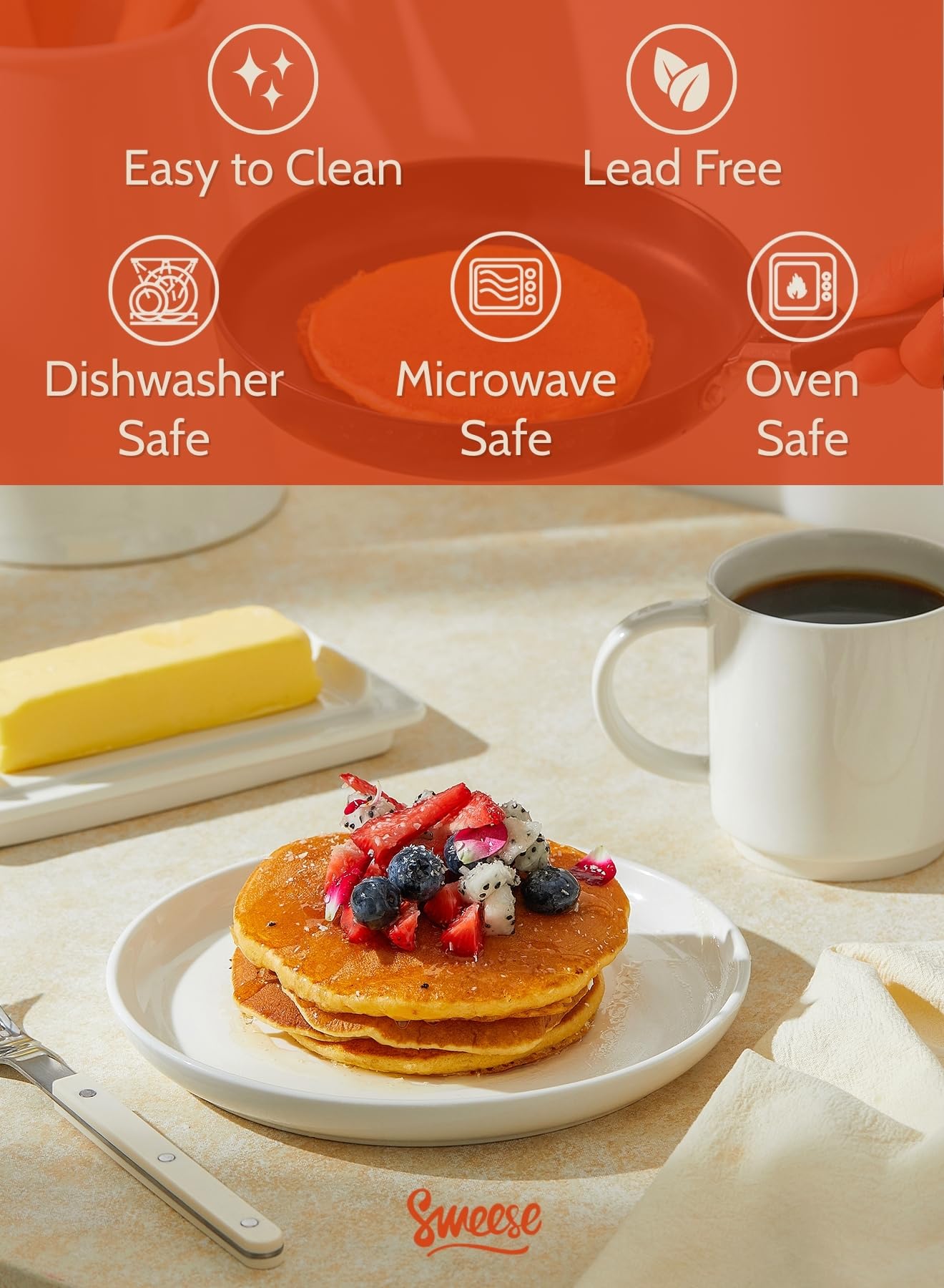 Sweese stackable porcelain plates save cabinet space and simplify storage.