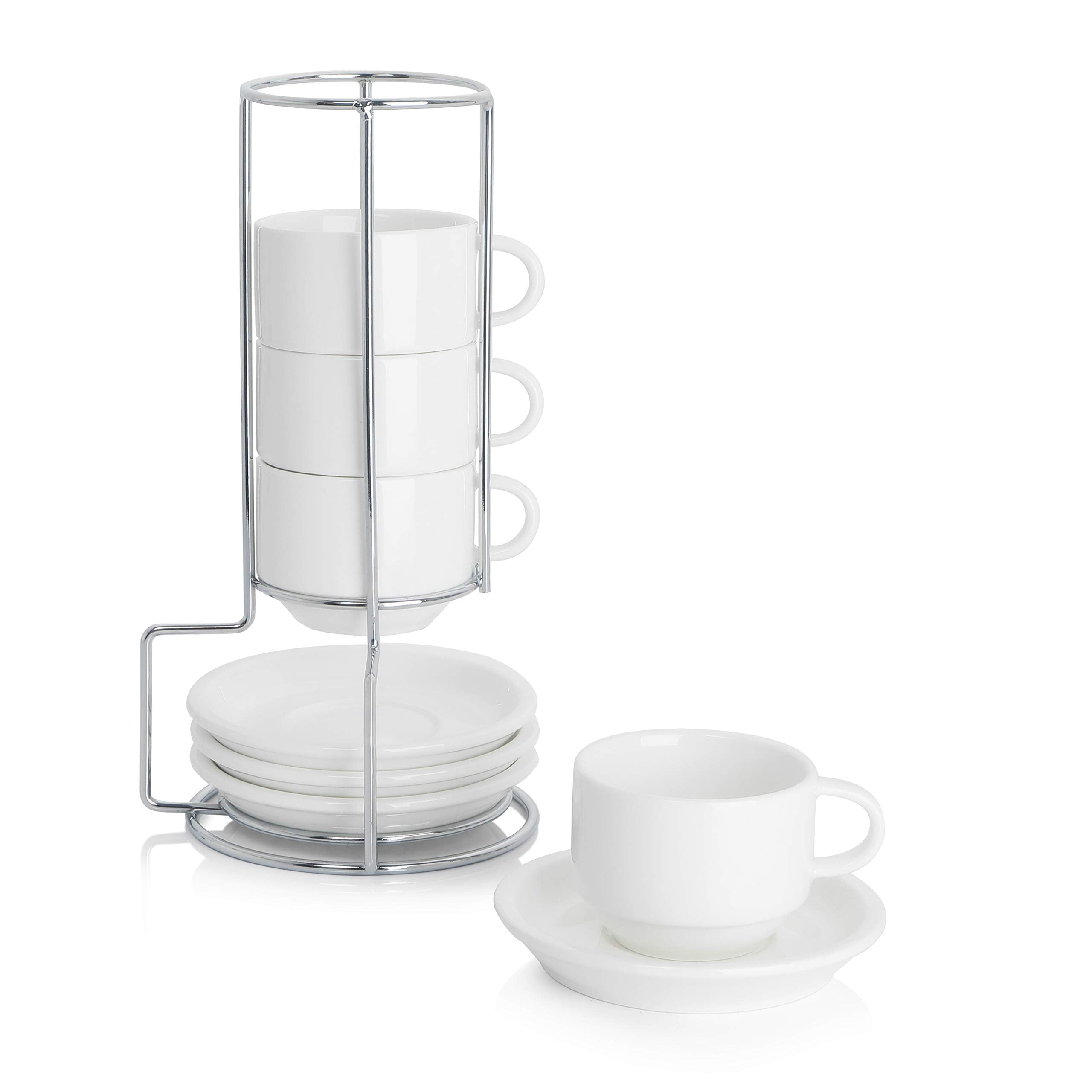 Sweese stackable espresso cups with saucers keep your coffee area tidy.