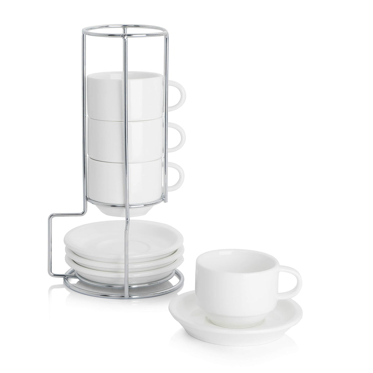 Sweese stackable espresso cups with saucers keep your coffee area tidy.