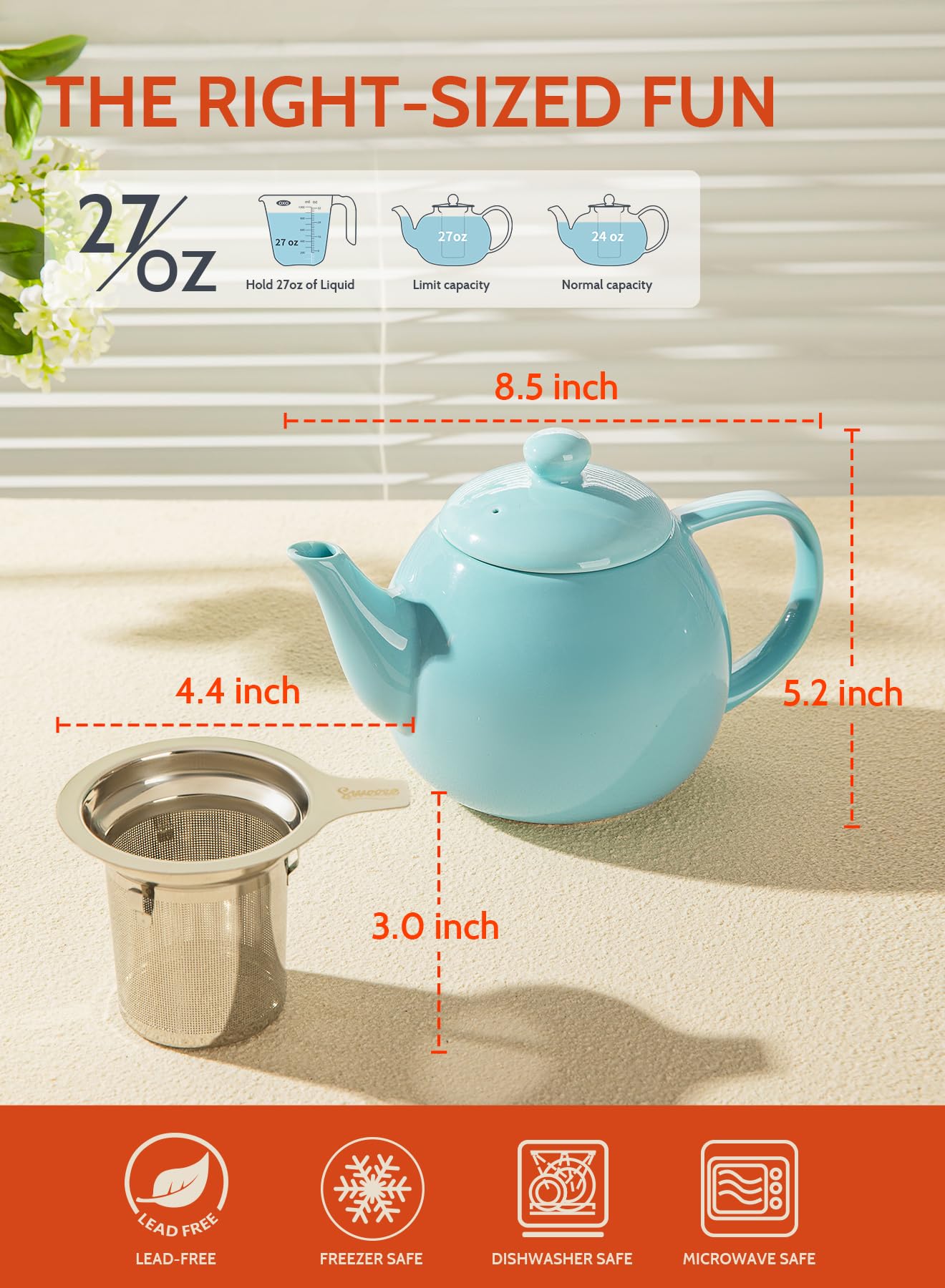 Sweese teapot lid with silicone gasket seals in aroma and heat.