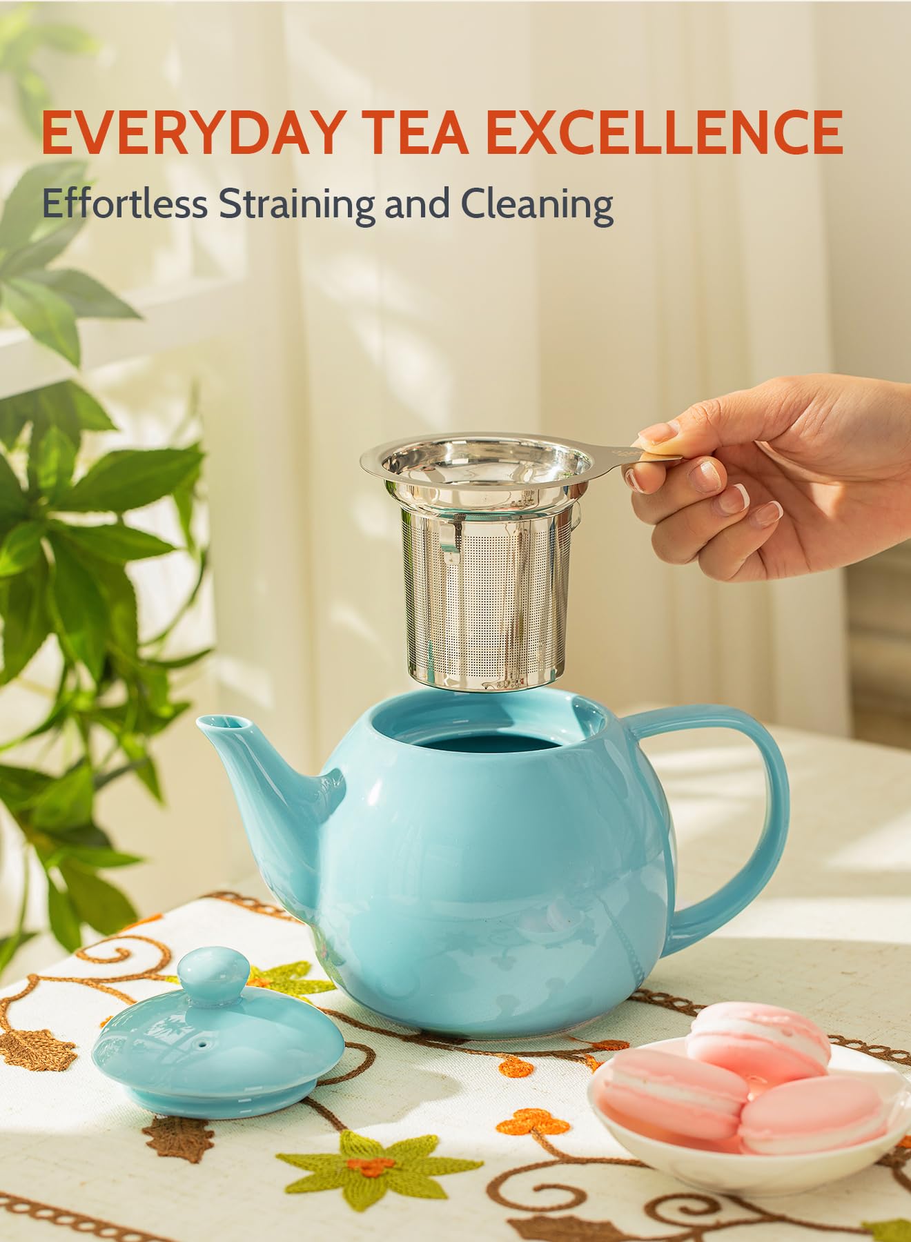 Sweese teapot pour-spout design prevents drips for clean pouring.