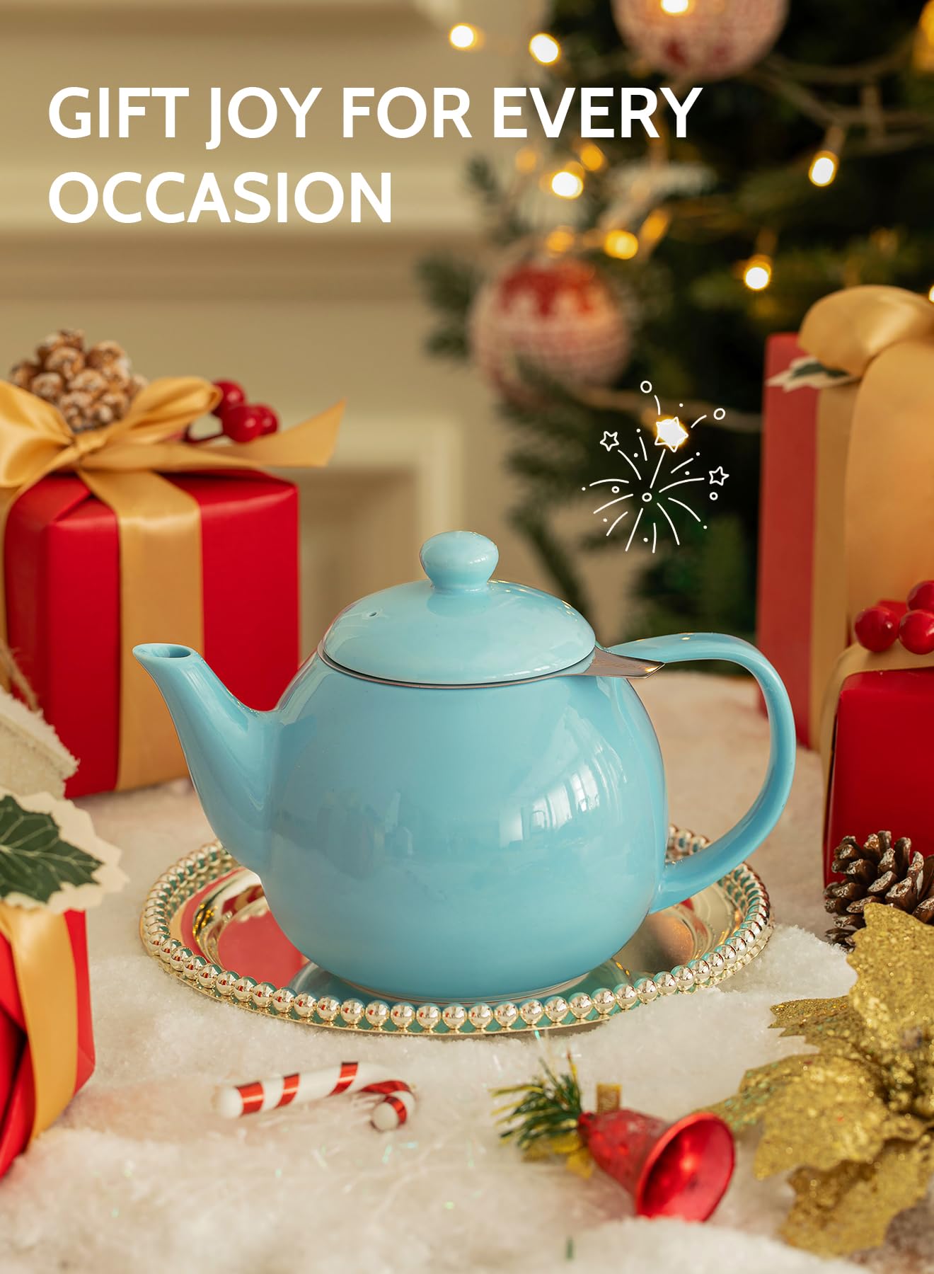 Sweese teapot ready to serve tea in turquoise style.
