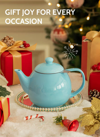 Sweese teapot ready to serve tea in turquoise style.