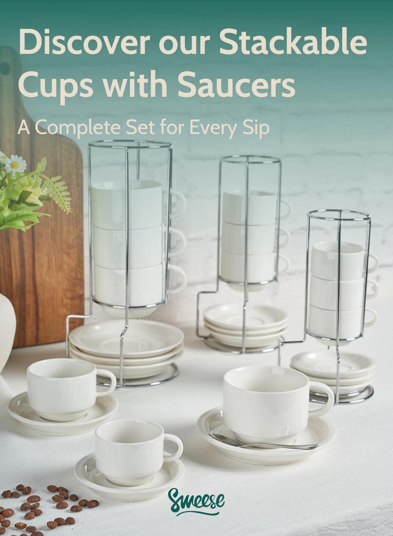 Elegant white Sweese porcelain espresso set complements modern kitchen decor