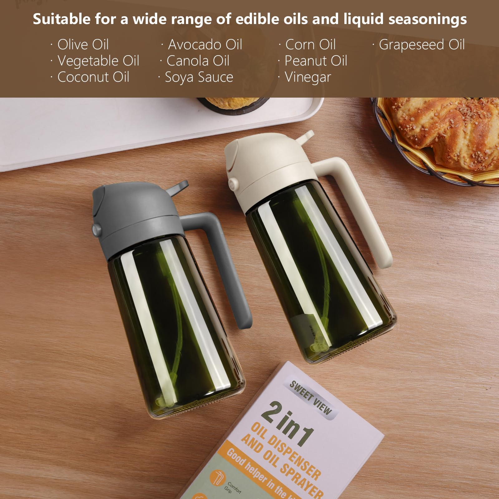 Sweet View two-in-one oil bottle offers pour and spray versatility.