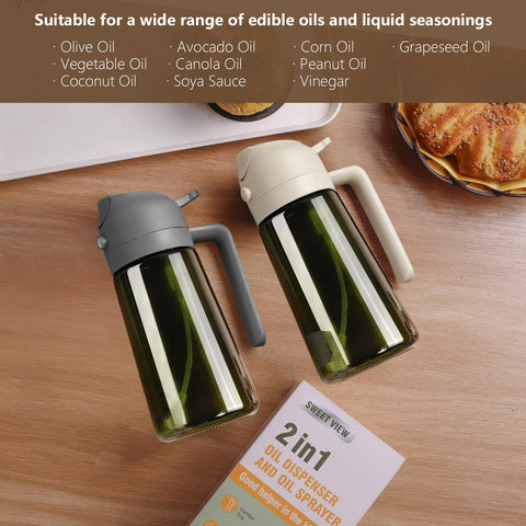Sweet View two-in-one oil bottle offers pour and spray versatility.